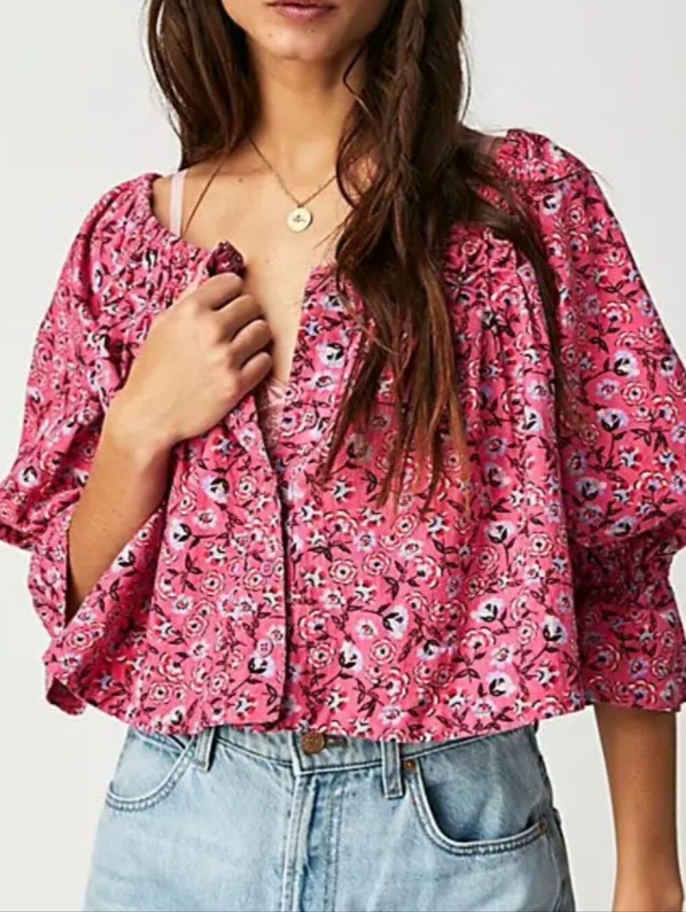 Free People James Floral Peasant Blouse, SZ L, EUC